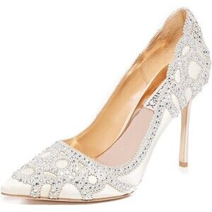 Badgley Mischka Rouge Satin Crystal Wedding Party Art Deco Pointed Toe Pump Sz11